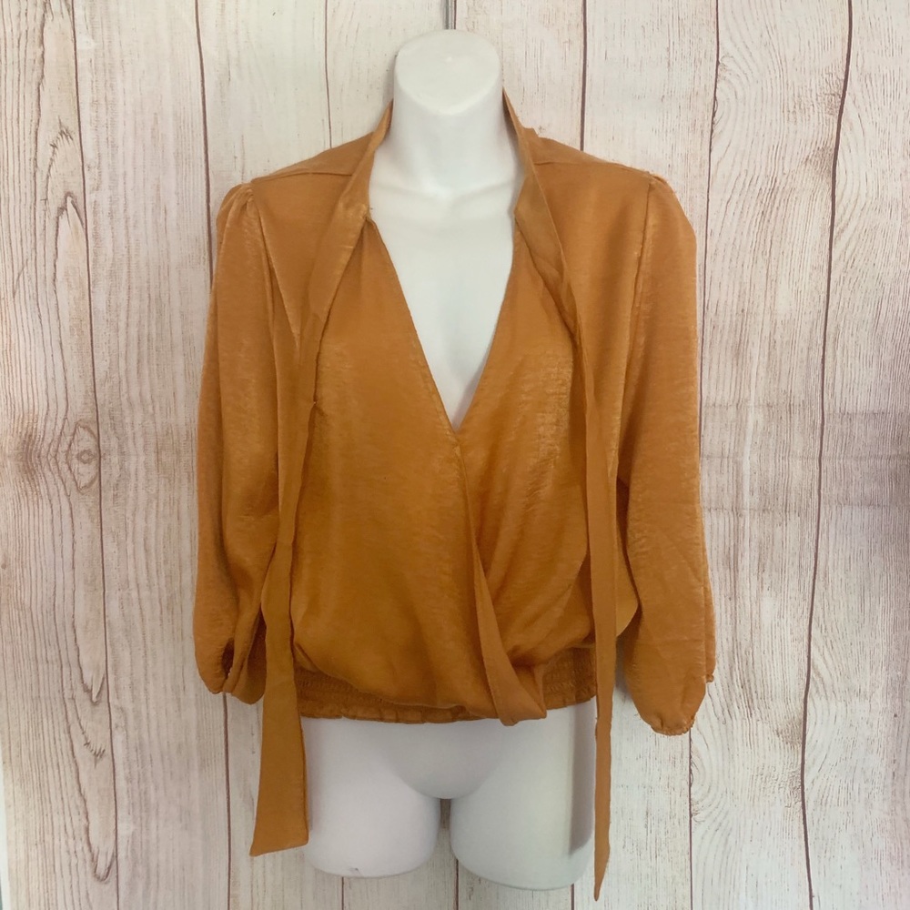 Golden Top with Bubble Sleeves and Smocked Waist